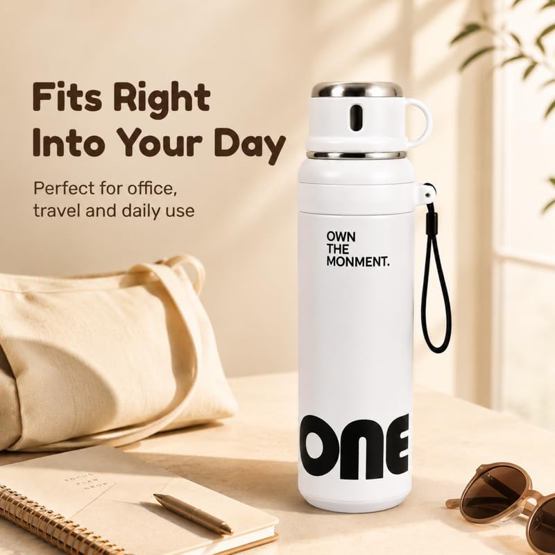 Image of Homero Premium Steel Bottle 1 Litre 1L, Stylish Water Bottle with Cup & Straw, Leak Proof Sleek Metal Design for Office, Gym, School, College & Travel Use - Classic White
