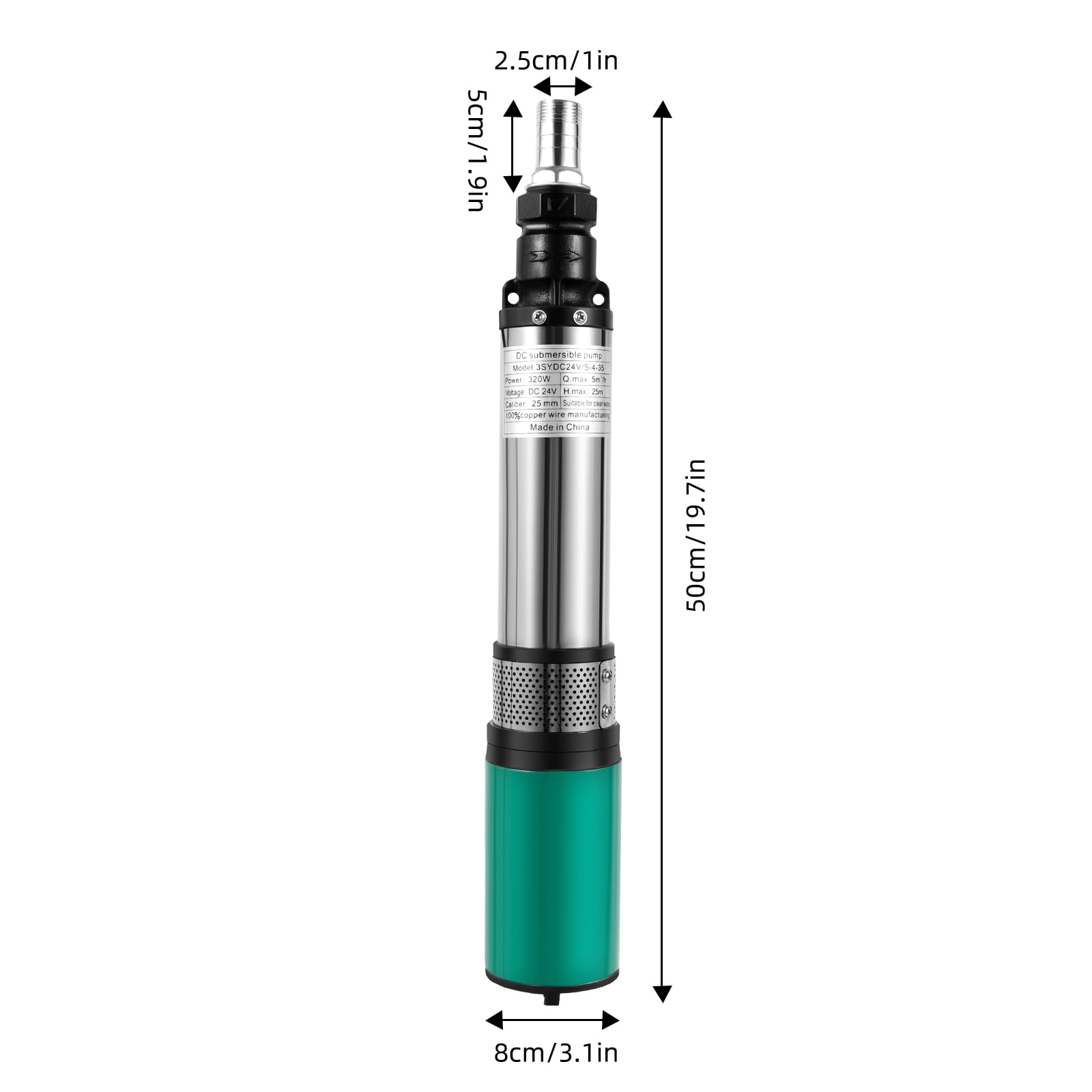 Bomba sumergible para pozos profundos, de acero inoxidable, 320 W, 3000 L/h, caudal de 25 m, IPX8, con filtro de suciedad y cable de conexión de 16 m, energía solar