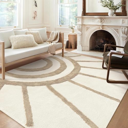 Image of OJIA Boho Area Rug 5'x8', Washable Tufted Living Room Rugs Soft Bedroom Rug Nursery Rug, Farmhouse Cotton Woven Tan Floor Carpet Rugs for Dorm/Kids Room/Nursery/Classroom/Office