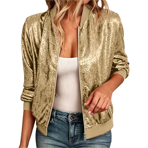 Gryvoilet Women Glitter Sequined Bomber Jacket Zip Up Rib Stand Collar Long Sleeve Cropped Sparkly Jacket Casual Party Club Coat with Pockets - image 1