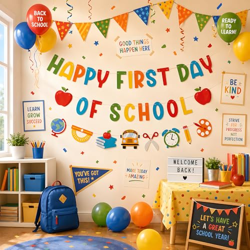 Image of Back to School Decorations - Happy First Day of School Banner Sign Decor for Indoor Outdoor | Back To School Garland Backdrop - Hanging Classroom Decor Party Favors Supplies