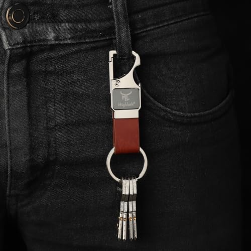 Image of Heavy Duty Metal Carabiner Keychain with Leather Strap for Men & Women | Premium Belt Clip Key Holder | Secure Spring Lock Key Ring for Car, Bike & Office Keys