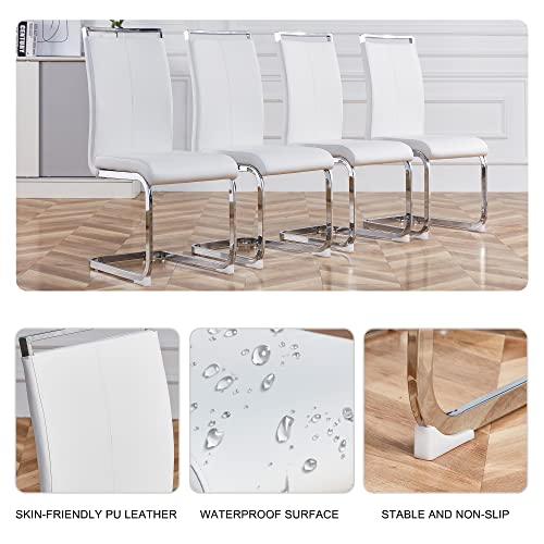 Glass Dining Table Set For 4, 63" Dinner Table With Rectangle Tempered Glass Top, Kitchen & Dining Room Table Set White Leather Dining Chairs, Kitchen Table Set With Metal Legs (White, Table+4 Chairs) #TOP4