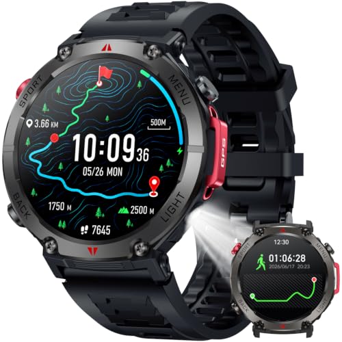 Montre Connectée Homme Smartwatch GPS: 1.45" Montre Outdoor Sport Avec Boussole et Lampe Torche Autonomie 530mAh IP68 Étanche Appel Bluetooth Surveillance Fréquence Cardiaque et SpO2 pour Android iOS