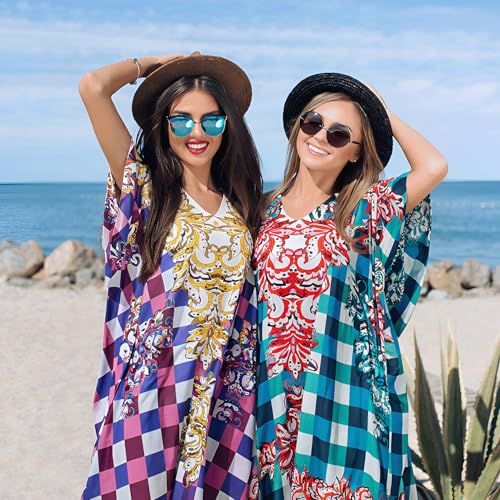 Image of Miss Lavish London Purple Floral Kaftan Dress for Women V Neck Batwing Sleeve Maxi Beach Cover Up, Ethnic Rose Print Plus Size Caftan with Side Slits & Pockets, Resort Wear Swimsuit-Purple-S