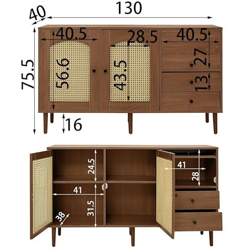 Kommode Azkoeesy Sideboard 130 cm mit 3 Schubladen und Rattantüren