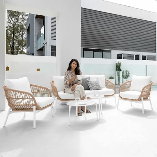 Image of BRISHI Outdoor 4 Seater Sofa Set | Balcony Sofa | Patio Furniture Sets | Conversation Sets | Braid & Rope Garden Sofa Set (Beige), 220 cm, 70 cm
