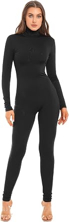 dPois Womens One Piece Turtleneck Long Sleeve Dance Unitard Full Length Jumpsuit Catsuit Skin Tight Leotard Clubwear