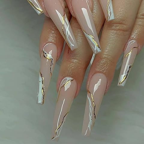 Vatocu Coffin Glossy False Nails Long Nude Press on Nails Gold Lines Fake Nails White Glitter Full Cover Ballerina Acrylic Stick on Nails for Women and Girls (24pcs) Cover