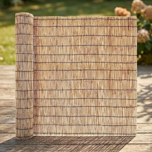 Cañizo Natural de Caña para Ocultación Jardín y Terraza, Valla de Ocultación Exterior de Bambú Reforzada, Cubre Vallas y Barandilla Balcón, con Bridas, 1.22x5m, Marrón(Natural,2.13 m H x 10.97 m L)