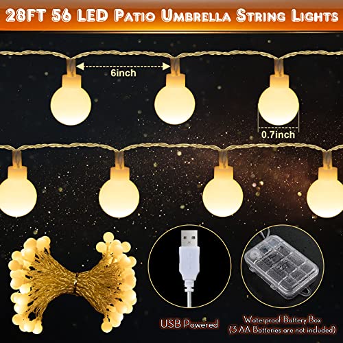 Image of 1 Pack 32 Feet Patio Umbrella Lights, 8 Lighting Modes LED String Lights with 64 Pcs Shatterproof Globe, Remote Control Battery & USB Powered, Waterproof Hanging Light Decorate for Patio