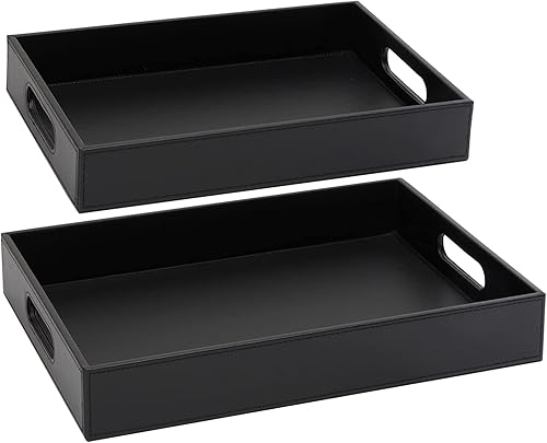 Juego de 2 bandejas de madera anidadas con piel sintética cosida y 2 asas, bandeja de servicio de desayuno antideslizante en 2 tamaños (13.8 x 9.9 x