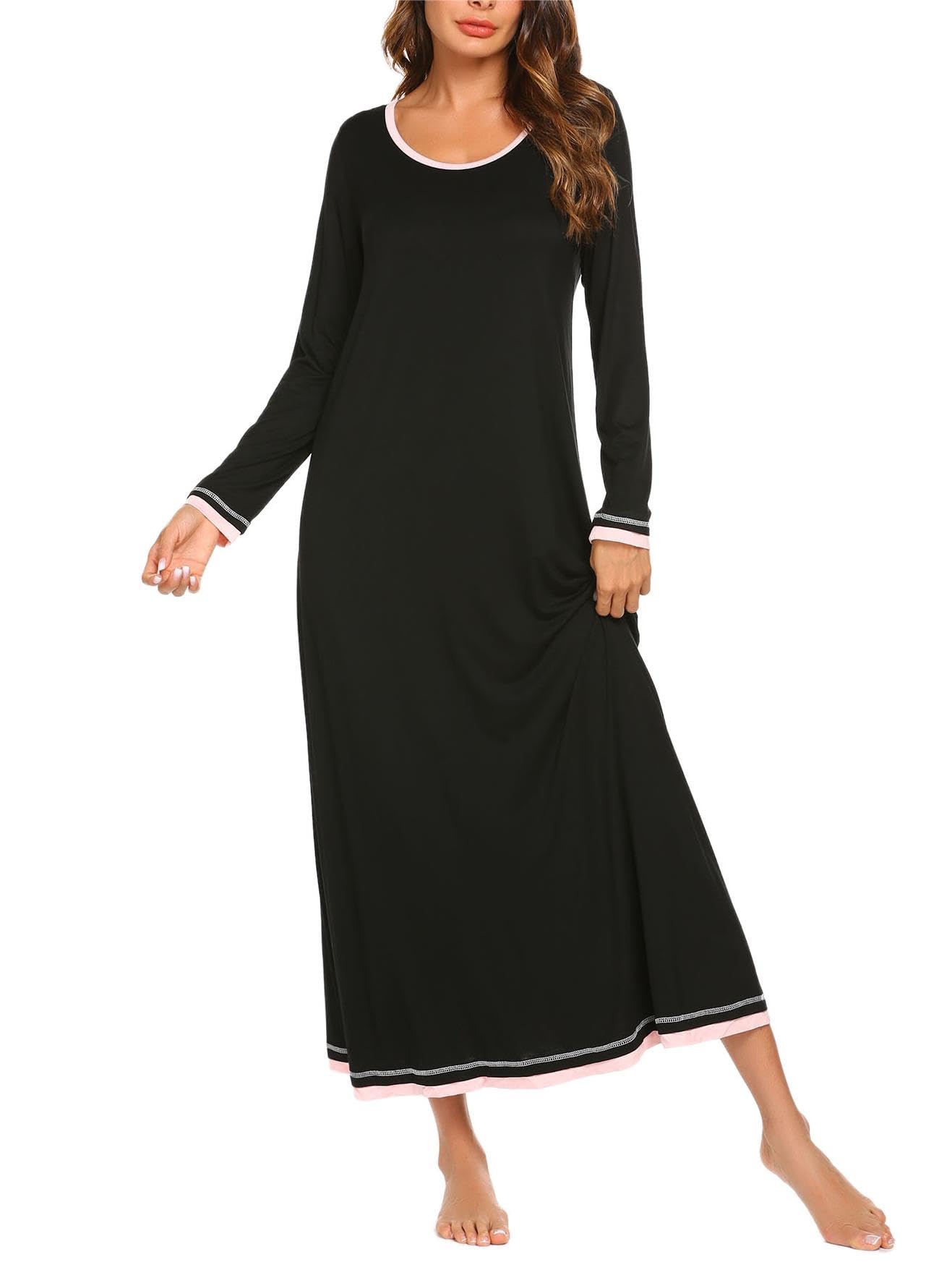 Ekouaer Camicia da Notte Donna Manica Lunga Girocollo Lungo da Notte Invernale Pigiama Comodo Ampio Sexy Camicie Tinta Unita Abbigliamentoda Casa S-XXL