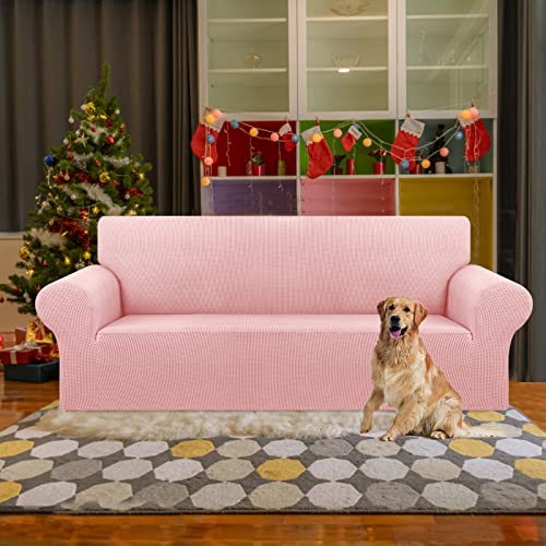 KEKUOU Stretch Sofa Cover Slipcover ,Couch Covers for 3 Cushion Couch Sofa pet Friendly (78"-94") Furniture Protector Sofa with Elastic Bottom for Kids,Dog, Jacquard Small Checked(Large,Dusty Pink)