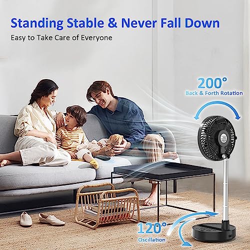 MORECORE Foldable Oscillating Standing Fan with Remote Control, 10000mAh Battery Operated Pedestal Fan, 8\" Portable Desk Quiet Fan, Input & Output Folded Floor Fan for Travel Room Camping Outdoors