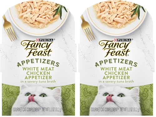 Fancy Feast Purina Appetizers Grain Free Wet Cat Food Complement White Meat Chicken Appetizer in a Savory Tuna Broth Cat Food Topper - 1.1 oz. Trays,(Pack of 20)