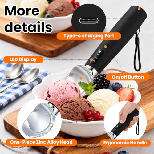 Olephira Electric Ice Cream Scoop, 3-Level Adjustable Heat 120-160℉, LED Display, IP67,2600mAh Battery,Suitable For Hardened Ice Cream, Gelato, Commercial Use & Outdoor Picnics.(Black)