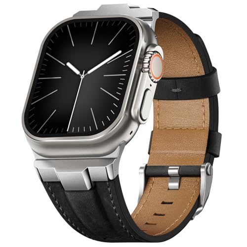 Image of Leather bands Compatible With Apple Watch Ultra Band 49mm 46mm 45mm 44mm 42mm, Superior Genuine Leather Rugged Metal Connector Durable Strap for Men iWatch Ultra3 2 1,Series 11 10 9 8 7 6 5 4 3 SE3 SE