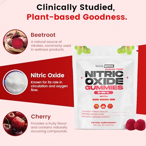Image of Holistic Hercules Nitric Oxide Gummies - Nitric Oxide Supplements for Men - Sugar-Free Beet Root & Cherry Chews for Energy & Circulation - Supports Heart Health & Blood Flow - Vegan, Non-GMO, 30 Count