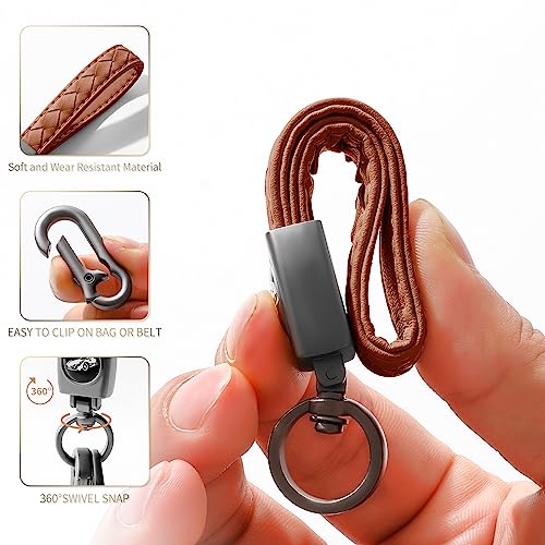 Image of Gkeygo Carabiner Keychain, Universal Heavy Duty Woven Handmade Leather Key Chain, Car Fob Key Keychains with 360 Degree Rotatable Snap Swivel and Anti-Lost D-Ring for Men and Women, Gunmetal - Brown