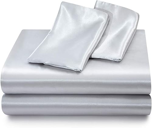 Miniatura 18 de Sábanas de satén tamaño King, sábanas de seda gris, juego de ropa de cama suave de 4 piezas con 1 sábana bajera de bolsillo profundo, 1 sábana Gris