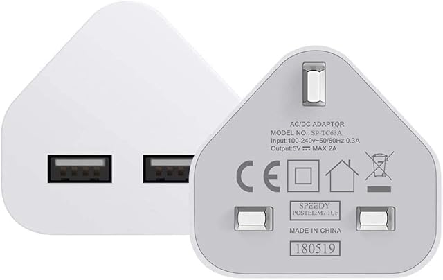 2.1A Dual USB Phone Charger Plug, Universal 3 Pin Wall UK Main Charge Head 2 Port Adaptor for iPhone 14 13 12 11 Pro Max Xs XR 8 Plus SE 5C 4 iPad iPod Samsung Galaxy Tablets etc