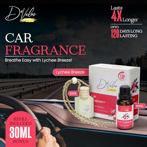 Image of D'Velas 40ml Car Freshener Diffuser Set- Long-Lasting Upto 120 Days | Lychee Breeze | No Paraben | 10ml Wooden Lid Bottle with 30ml Refill | Perfume Diffuser | Odor Eliminator for Car Interior