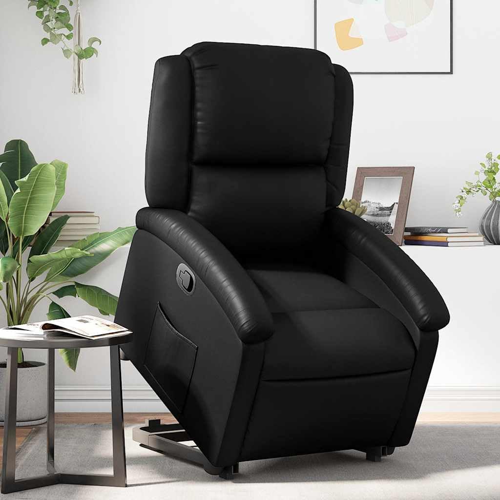 Relaxsessel mit Aufstehhilfe Schwarz Kunstleder, verstellbar mit Elektromotor, gepolstert mit Schaumstoff, Holz Metall Gestell, ergonomisch für Wohn- und Schlafzimmer, bequemer Lounge Sessel