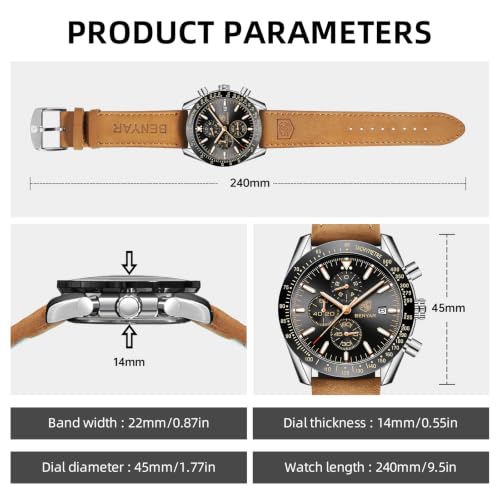 Image of BENYAR Mens Watches Quartz Movement Chronograph Leather Strap Fashion Business Sport Design 30M Waterproof Scratch Resistant Elegant Gifts for Men