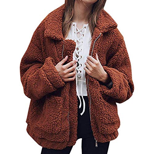Women Faux Fur Cardigan Fashion Long Sleeve Fleece Jacket Casual Lapel Shearling Shaggy Coat (Brown,2X-Large)