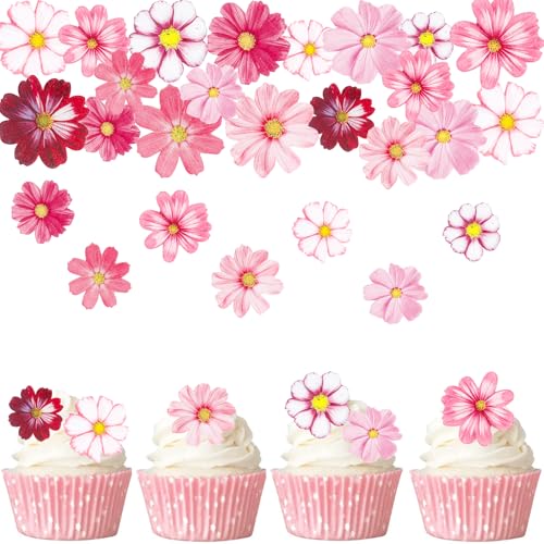 Gleevio Glücksblume Tortendeko Essbar, 65 Stück Essbare Blumen für Torte Rosa Weiß, Esspapier Blumen Kuchen Deko, Essbare Blüten Tortendeko, Glücksblume Cupcake Deko Essbar für Hochzeit, Geburtstag