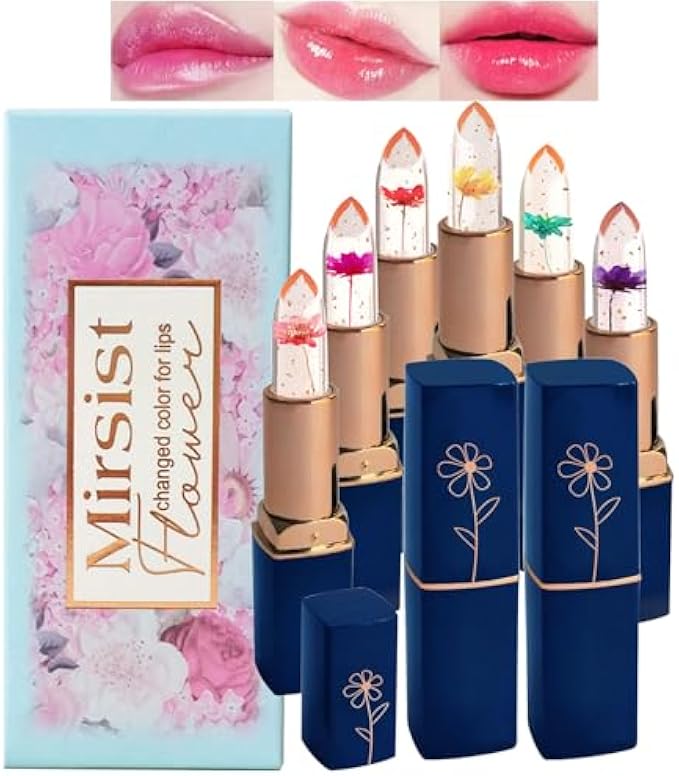 6 PCS pH Color Changing Lipstick, Crystal Flower Jelly Lipstick Glimmer Balm for all Skin Tones, Soft Tint & Subtle Shimmer Effect (Pink)