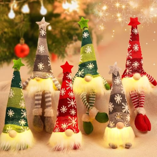 Biubiu 6 Pack Gnomes Christmas Decorations 13.7 Lighted Xmas Gnome Plush Elf Doll Scandinavian Santa Christmas Ornaments Holiday Indoor Home Tabletop Decorations Gifts Red Green Gray