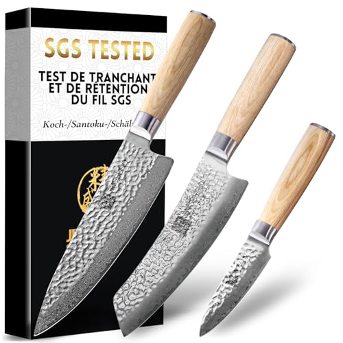 Jingseiho Ensemble de Couteaux Damas - Acier Forgé VG-10 67 Couches, Tranchant Certifié SGS, Incluant Couteau de Chef, Santoku et Économe, Couteaux de Cuisine Haut de...