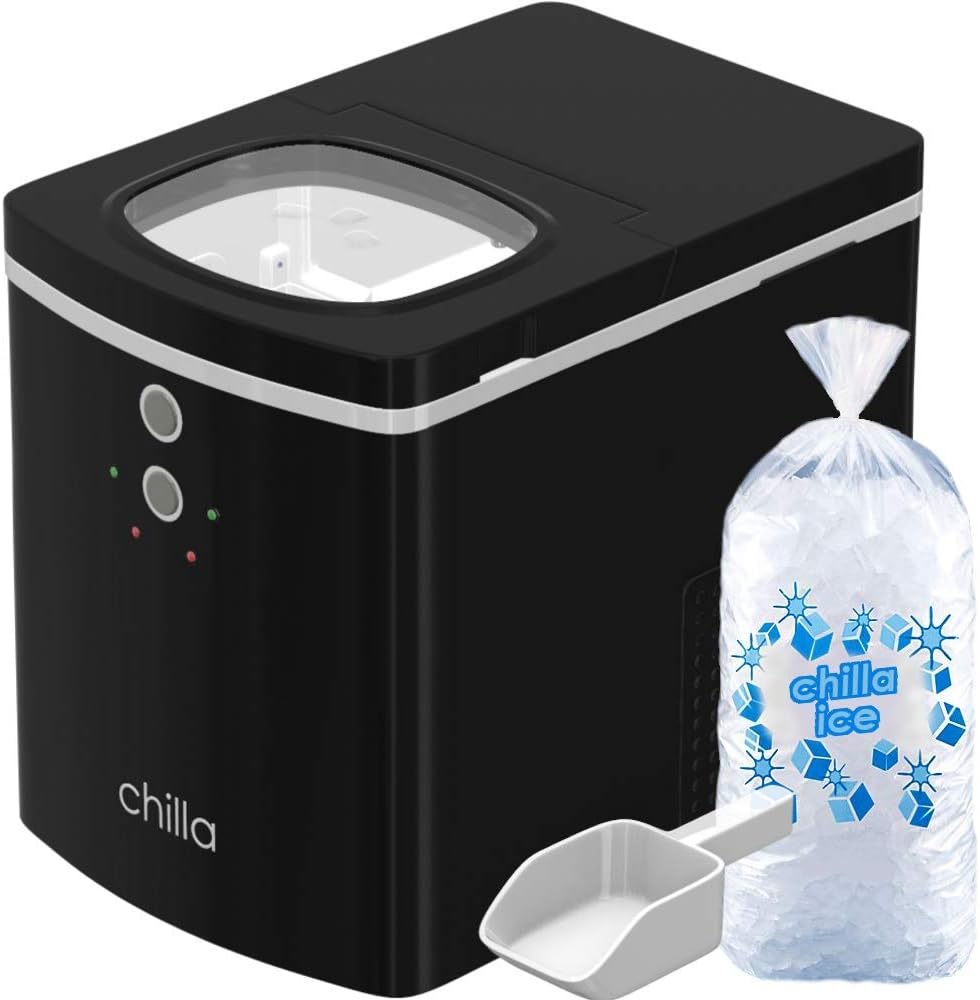 Chilla Portable Countertop Ice Maker - 25 lbs of Ice Per Day - Chewable, Delicious Bullet Ice - Reliable and Quiet - For Home or Office - Comes with 5 Reusable Ice Bags for Ice Storage