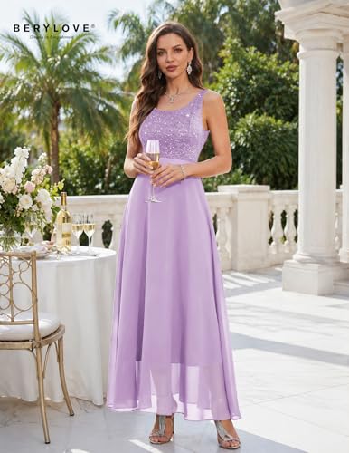 Image of BeryLove Sequin Dress for Woman Vintage A Line Wedding Formal Swing Mesh Dress Sleeveless Cocktail Maxi Gowns