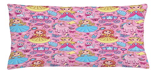Lunarable Cartoon Throw Pillow Cushion Cover, Cartoon Characters with Childish Girls Unicorns Fantasy, Decorative Rectangle Accent Pillow Case, 36