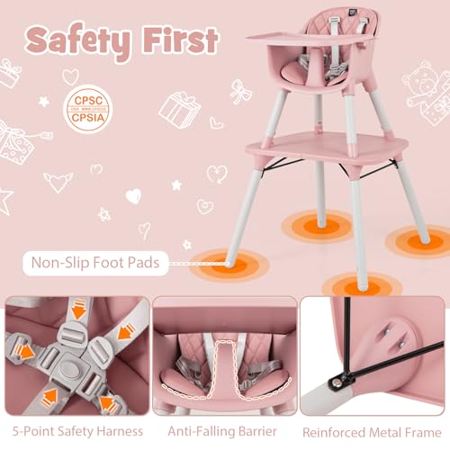 Image of HONEY JOY 5-in-1 High Chair, Convertible Highchair for Babies and Toddlers /Kids Chair Table Set /Infant Feeding Chair w /Safety Harness, PU Leather Cushion & Removable Food Tray (Pink)