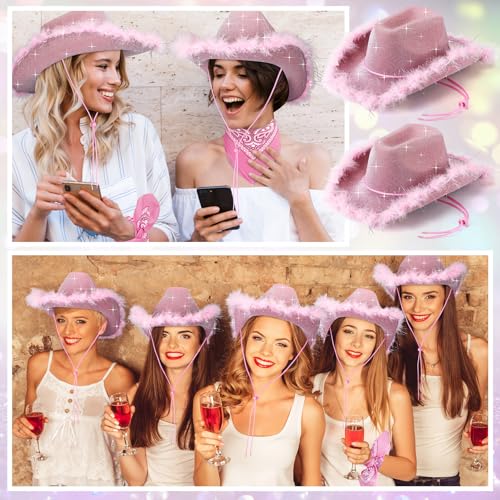 Image of Coume 12 Pcs Sparkly Adults Cowboy Hat and Bandanas Women Men Western Glitter Cowgirl Party Hats with Adjustable Drawstring
