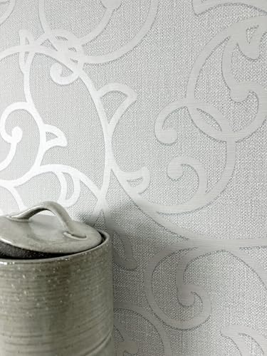 Newroom Carta da Parati Grigio Tessuto Non Tessuto Vinile Ornamento - Eleganza Vintage Aspetto Tessile Lucido Soggiorno Camera da Letto