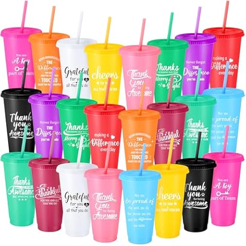 Skylety 24 Pcs Thank You Gift Bulk 24 oz Plastic Tumbler Cup with Lid and Straw Inspirational Employee Appreciation Gift for Teacher Coworker Staff Volunteer Team (Cute Color) Cover