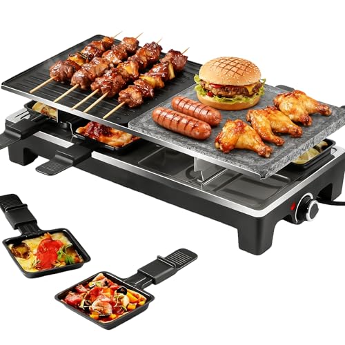 Angju Raclette Table Grill Indoor BBQ Grills Electric Smokeless Electric Grill 2 in 1 Nonstick Grilling Plate & Cooking Stone Adjustable Temperature 8 Raclette Pans