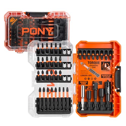 PONY 40-Piece Impact Screwdriver Bit Set with Tough Case, 1/4'' Hex S2 Steel bits, Precision-Machined Tip & Optimized Torsion Zone, 1