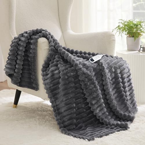 Image of Bedsure Heated Blanket Electric Throw - Thick Striped Flannel Electric Blanket, Heating with 4 Time Settings, 6 Heat Settings, and 3-Hour Timer Auto Shut Off, Gift for Grandma (50x60 inches, Grey)