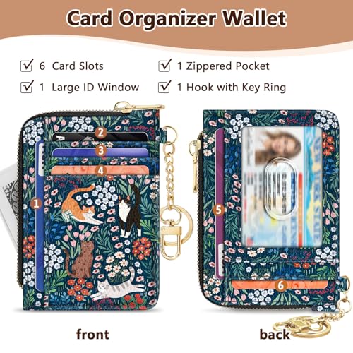 Image of Giancomics Slim Wallet Credit Card Holder Women, Cute Cats Flowers Rfid Blocking Small Card Case, Keychain Thin Pocket Curved Zipper Wallet, Travel Card Holder PU Leather ID Window, Ladies Female Gift