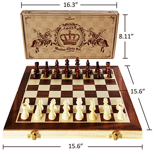 Asney Upgraded Magnetic Chess Set, 15" Tournament Staunton Wooden Chess Board Game Set With Crafted Chesspiece & Storage Slots For Kids Adult, Includes Extra Kings, Queens & Carry Bag (15“) #TOP3