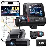 Dash Cam Front and Rear: 4K+1080P+1080P 3 Channel Dash Camera for Cars, STARVIS 2 Sensor Dash Camera with HDR Night Vision, 24H Parking Mode Car Camera with GPS, Free 64GB Card
