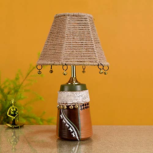 Image of AAKRITI ART CREATIONS Terracotta Table Lamp for Study Room, Bedroom & Living Room Decoration | Kalamkari Handwoven Tribal Pattern Bedside Lamp with Jute Fabric Shade | Aesthetic Night Lamp