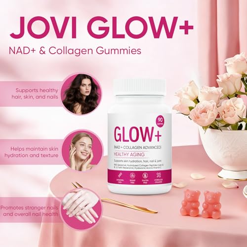 Image of JoviGLOW+ NAD+ & Collagen Gummies - Multi Type Hydrolyzed Collagen Peptides, Resveratrol, Hyaluronicacid, Vitaminc - Jovi Nutrition Glow NAD Supplements for Women - Skin, Hair, Nails, 90 Count (1)
