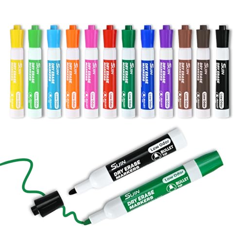 SUIN 12 Stylos pour Tableau Blanc Vivement Colorés, Marqueurs Effaçables à Sec Assortis avec Pointe Conique Moyenne, Marqueurs pour Tableau Blanc à Encre...